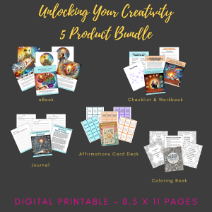 The Unlocking Your Creativity 5 Product Bundle includes the eBook, Workbook & Checklist, Journal,Affirmations Card Deck, and Coloring Book.